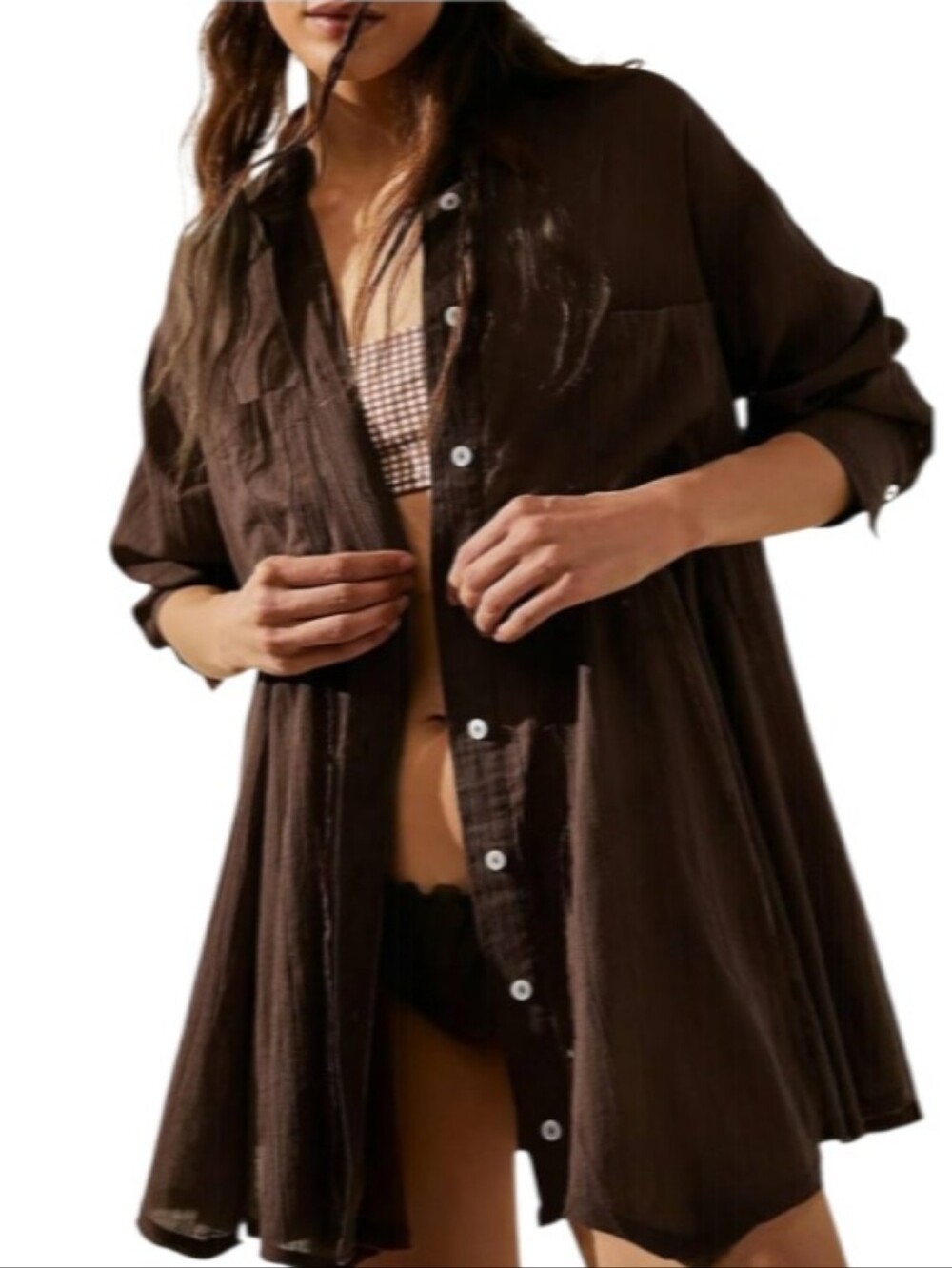 Free People Brown Oversized Button Down Long Sleeve Shirt Dress-NWOT
